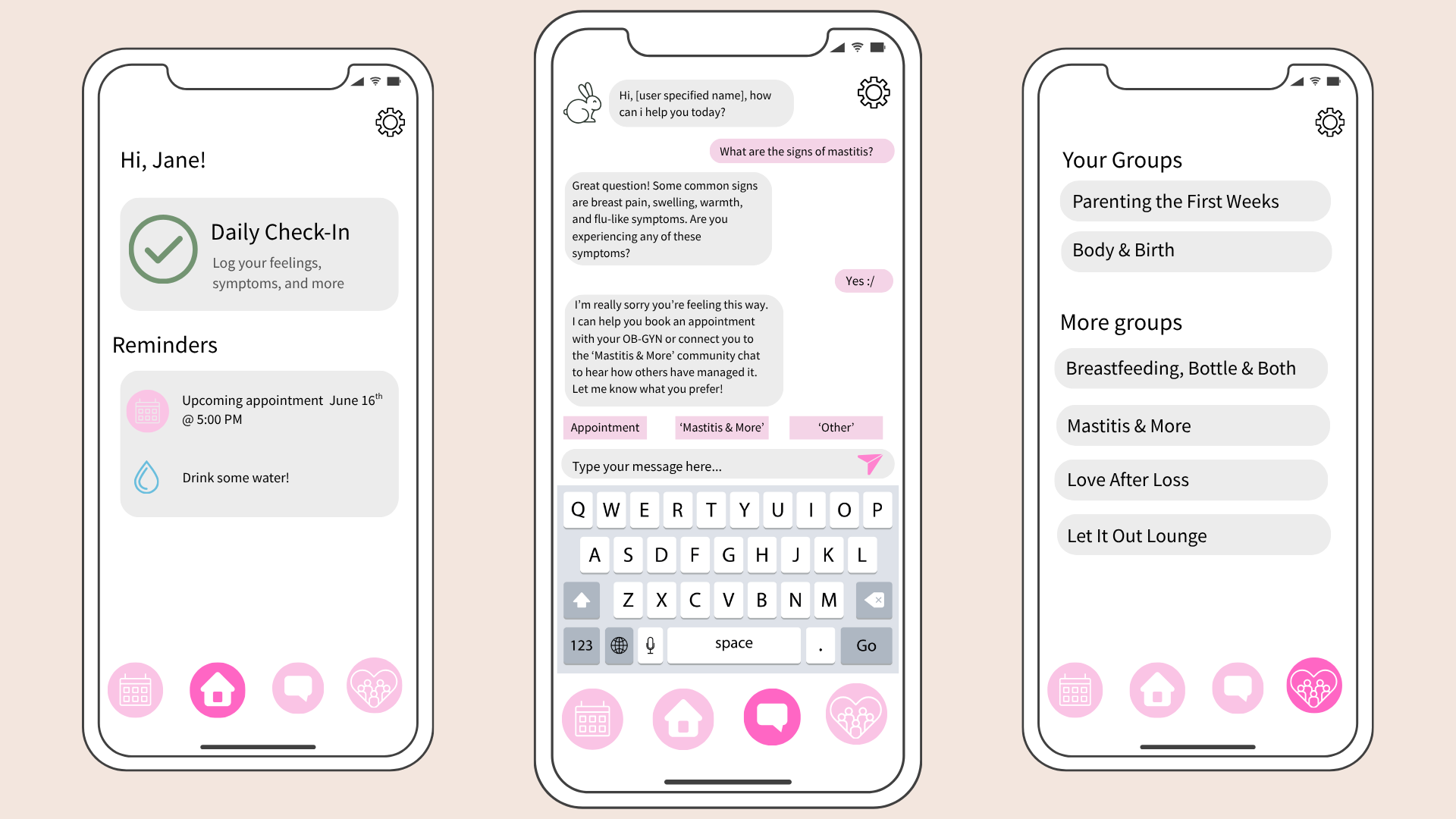 Concept wireframe for a postpartum support app aimed at accessibility and calm UI