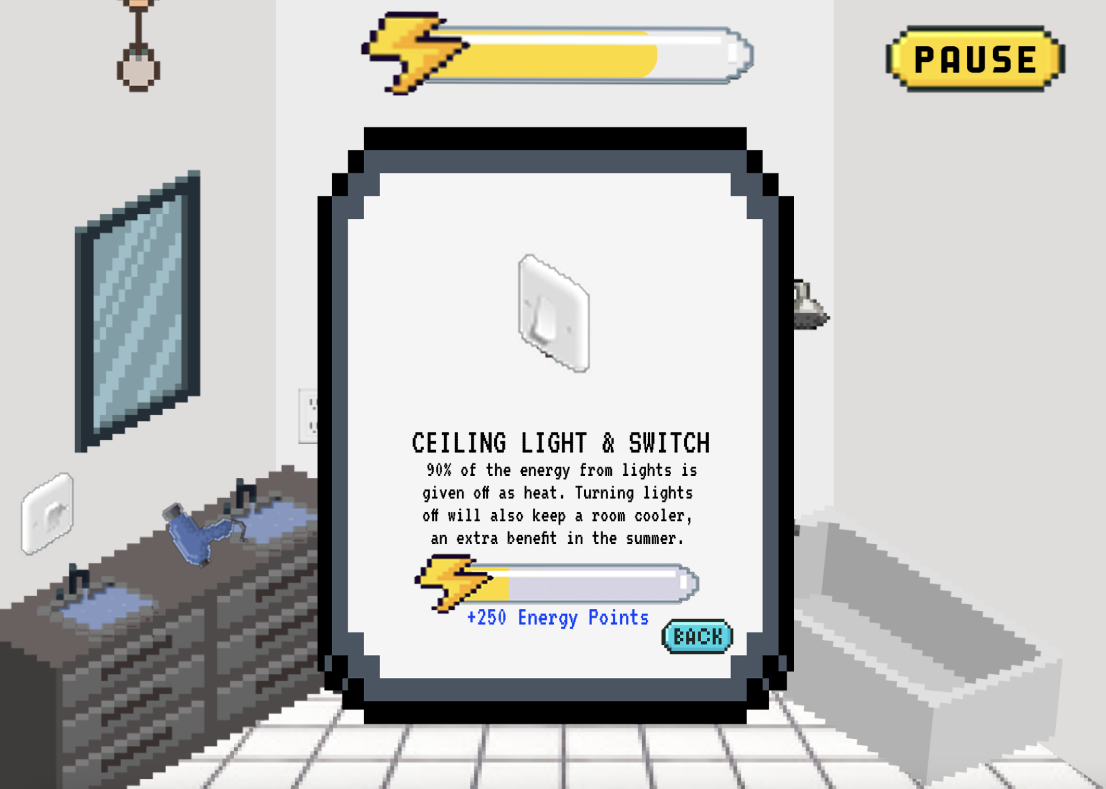 Bathroom level teaching energy conservation by turning off lights and unplugging dryers