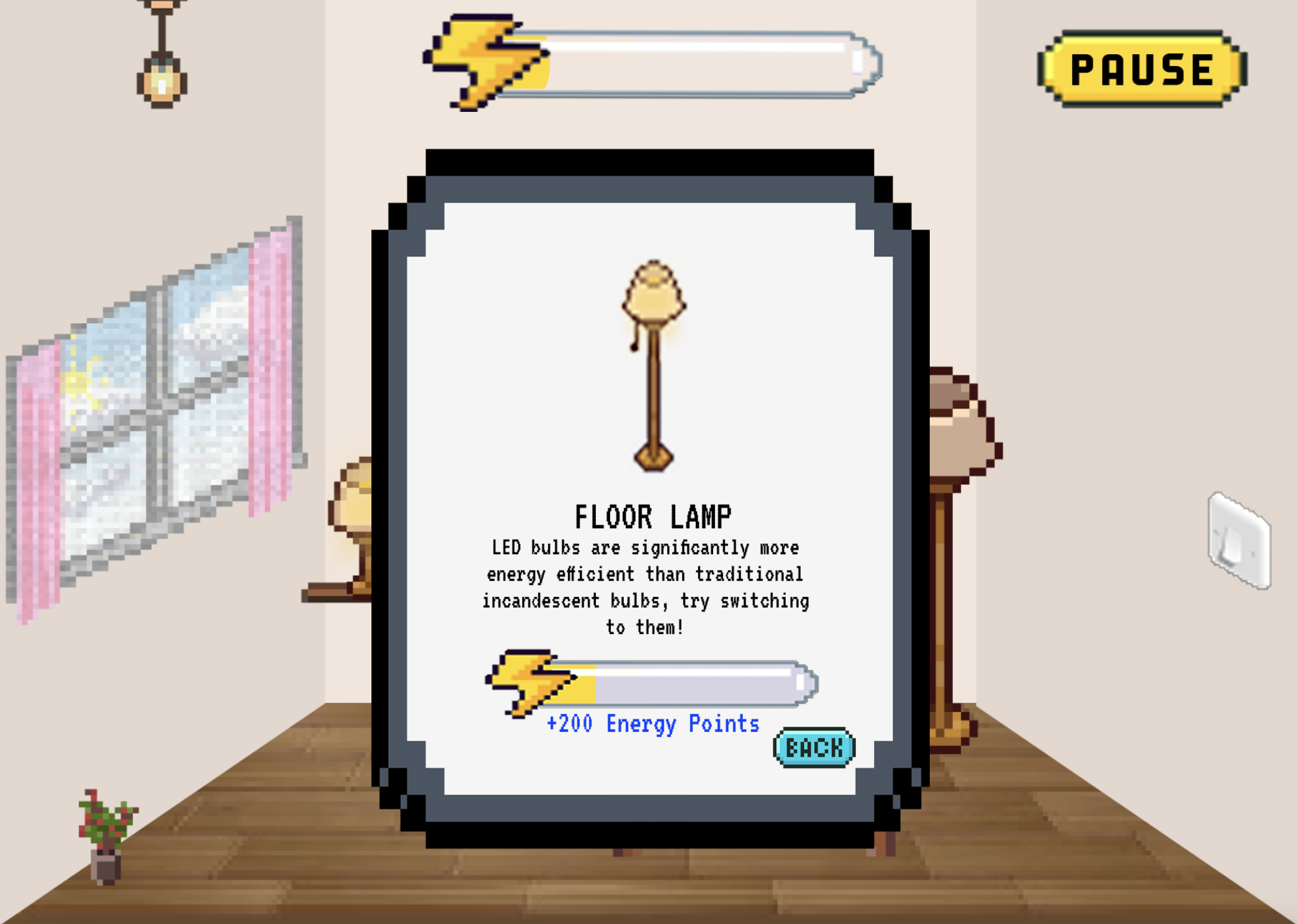 Bedroom screen where player has just earned 200 points from unplugging a lamp